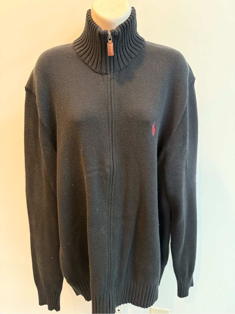 Polo by Ralph Lauren Black Full-Zip Mock Neck Sweater Red Pony Cardigan Size XL